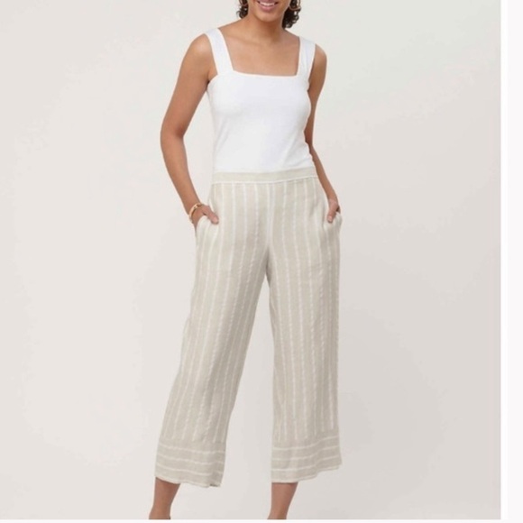 LOFT Medium Linen Blend Pants High Rise Beige Stripe Soft Fabric Cropped - Picture 1 of 9
